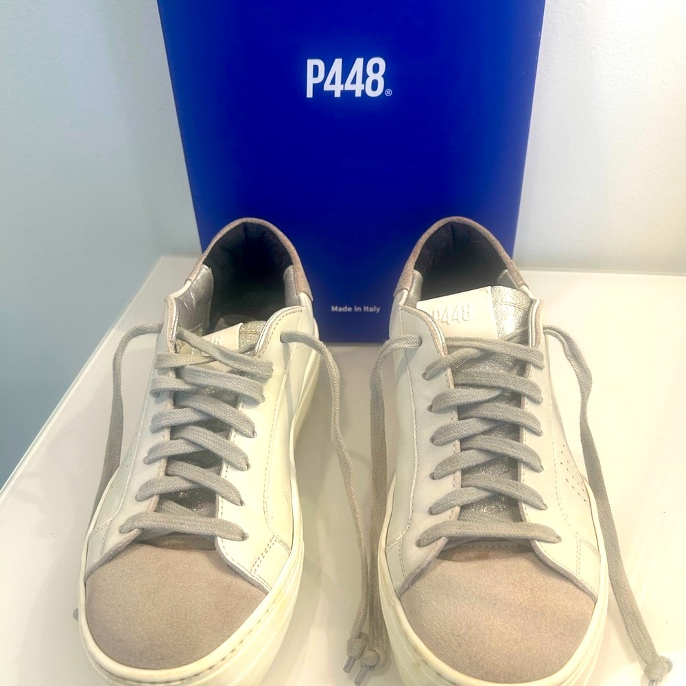 P448 Women's Thea White and Gray Platform Sneakers